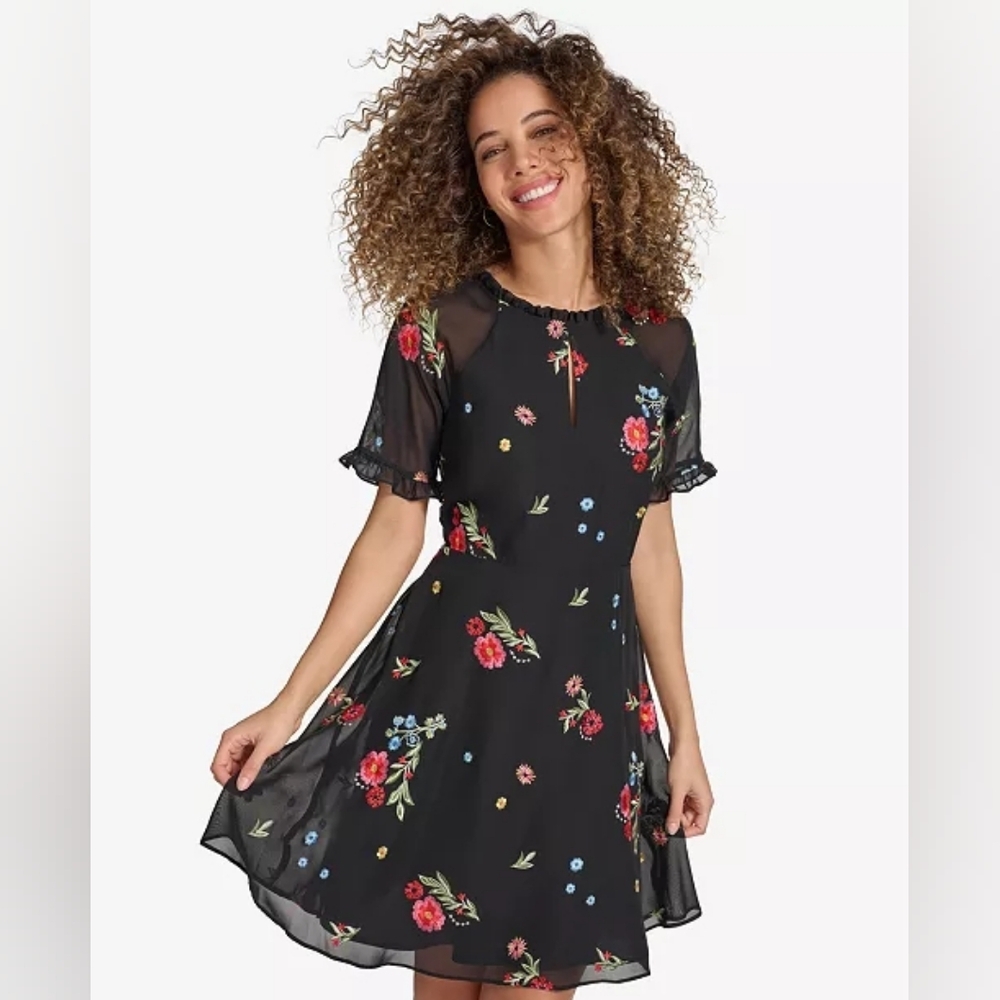 NWT Size 12 Kensie Black & Multi Embroidered Chiffon Back Cutout A Line Dress - Picture 1 of 9